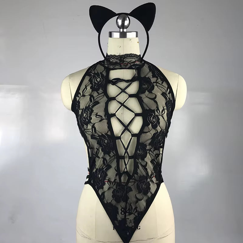 2025 New Sexy Lingerie Hot Black Lace Perspective Women Teddy Lingerie Cosplay Cat Uniform Sexy Erotic Lingerie Sexy Costumes