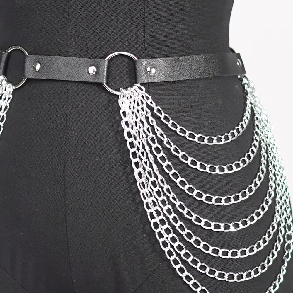 Women Sexy Body Chain Jewelry Pu Leather Waist Belt with Chains Festival Chain Belly Belt Jewelry for Women Gothic Accessories