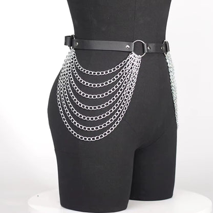 Women Sexy Body Chain Jewelry Pu Leather Waist Belt with Chains Festival Chain Belly Belt Jewelry for Women Gothic Accessories