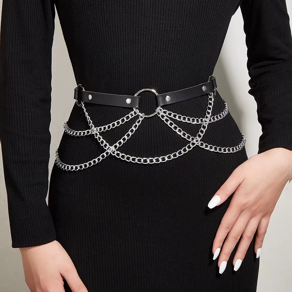 Women Sexy Body Chain Jewelry Pu Leather Waist Belt with Chains Festival Chain Belly Belt Jewelry for Women Gothic Accessories