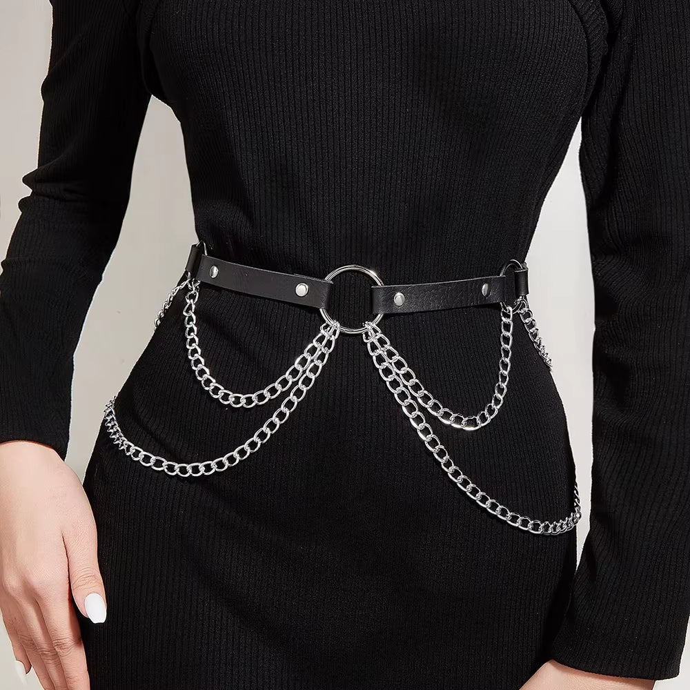 Women Sexy Body Chain Jewelry Pu Leather Waist Belt with Chains Festival Chain Belly Belt Jewelry for Women Gothic Accessories