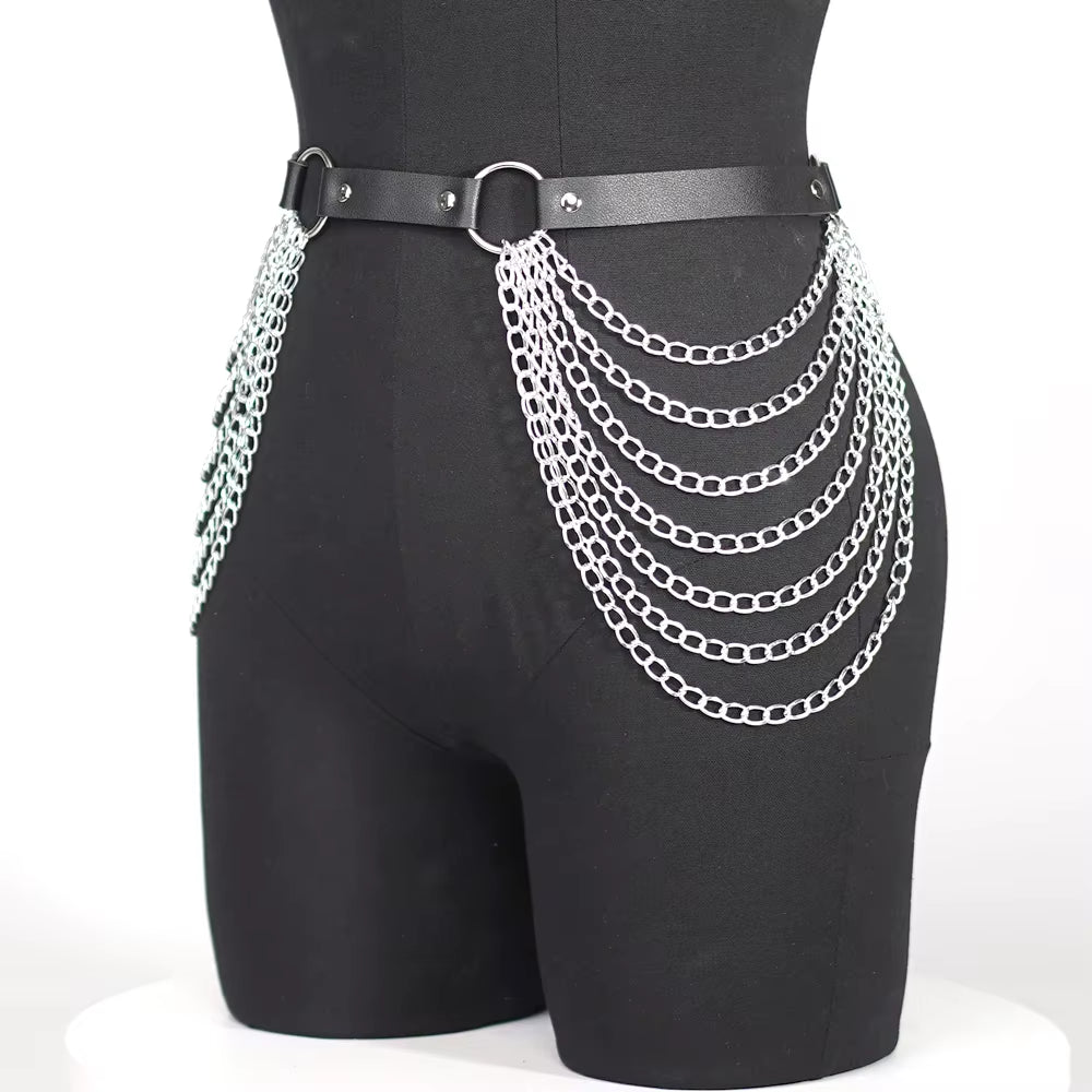 Women Sexy Body Chain Jewelry Pu Leather Waist Belt with Chains Festival Chain Belly Belt Jewelry for Women Gothic Accessories